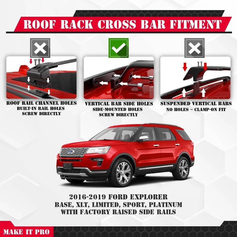 KitsPro 260lb Roof Rack Cross Bars for 2016-2019 Ford Explorer (ONLY FIT Factory Raised Side Rails), Matte Black Heavy Duty Aluminum Cargo Crossbar - Image 2